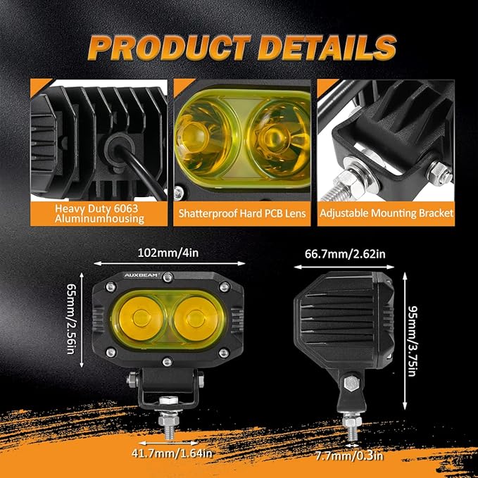 Auxbeam 4 Inch LED Amber Pod Light, 5050 Driving Light 60W Yellow Flood Beam Square Pod Fog Light with DT Wiring Harness for Motorbike SUV ATV Truck Jeep Boat Tractor Forklift (2 Pcs)