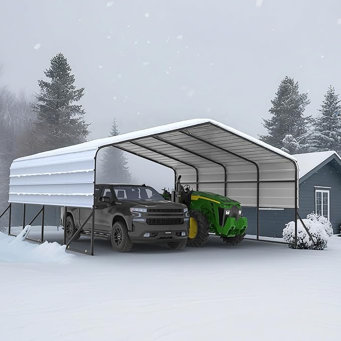 20x20 Metal Carports Heavy Duty for 2 Cars Garage,Car Tent Garage with Galvanized Metal Roof,Outdoor Garage Shelter for Car, SUV, Truck and Boats, Grey All Weather