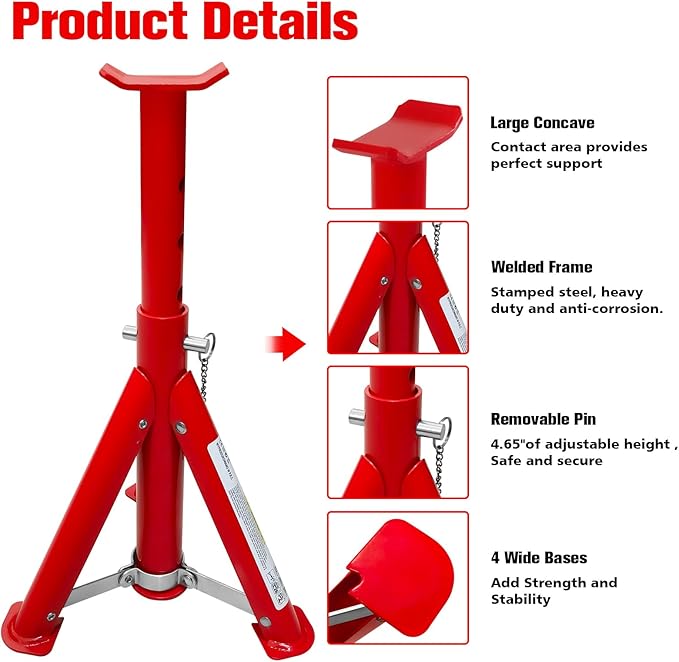 Foldable Jack Stands 3 Ton (6,600 LBs), 11.42"-16.06" Adjustable Height with Mobility Safety Pin,Car Jack Stand for Home&Garage, Workshops,Lifting SUV, Pickup Truck,UTV/ATV, Red, 1 Pair