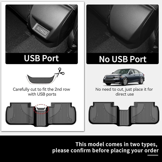 Floor Mats for Honda Civic 2022-2025 (Fits Rear Seats with or Without USB Ports) | for Acura Integra 2023-2025, All Weather Floor Liners Civic Accessories, 1st & 2nd Row, Black
