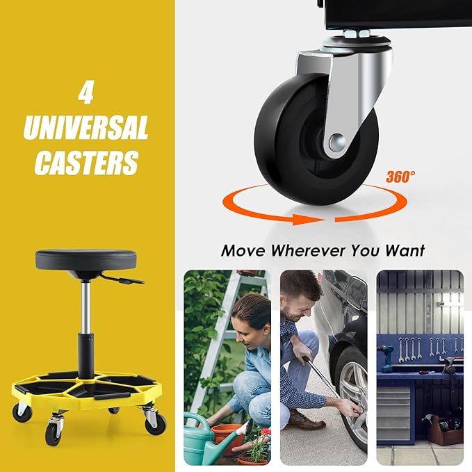 Goplus Mechanic Stool, Rolling Garage Chair with 16”-22” Adjustable Height, Removable Magnetic Tool Tray, 2” Thick Padded Cushion, Universal Wheels, 330LBS, Roller Creeper Seat (Yellow & Black)