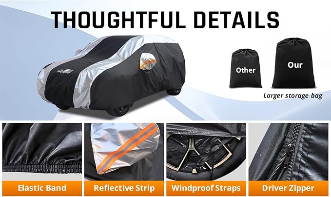 Full Exterior Covers for Waterproof Protection with Silver Stripe Design,SUV Car Covers for Automobiles Universal Fit Nissan Kicks, Subaru Crosstrek, Jeep Compass Liberty, Kia Soul Sportage