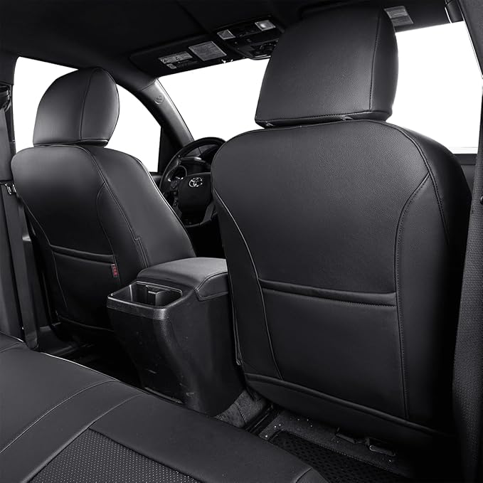 EKR Custom Fit Tacoma Leather Car Seat Covers for Select Toyota Tacoma 2012 2013 2014 2015 (TRD Sport Seats)- Full Set,Leather(Black)