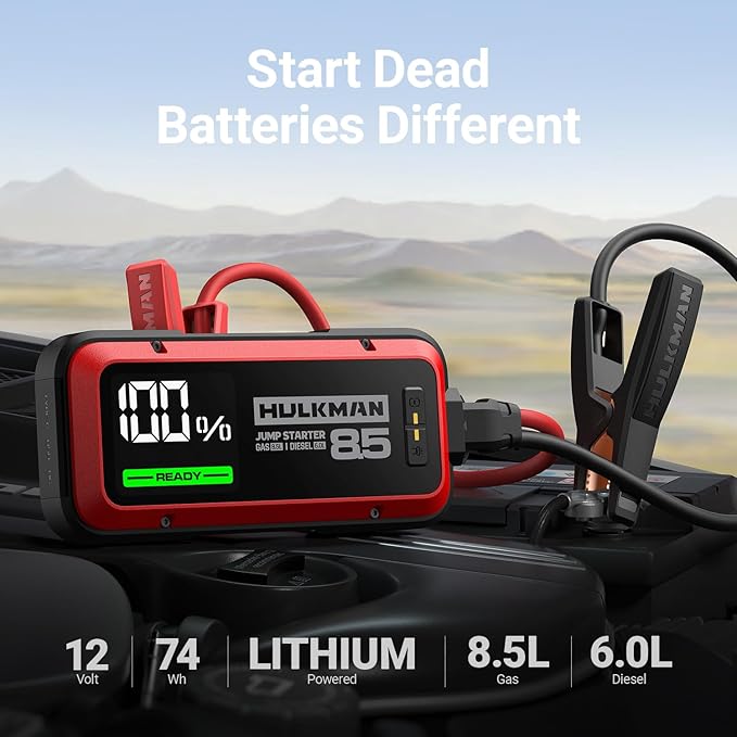 Hulkman Alpha85,Carmine Red, 2000A 74Wh Smart Jump Starter, 12V Portable Car Battery Booster with 3.3" Display, USB-C Power Pack,Includes 65W Wall Charger, Jumper Cables for up to 8.5L Gas/6.0L Diesel