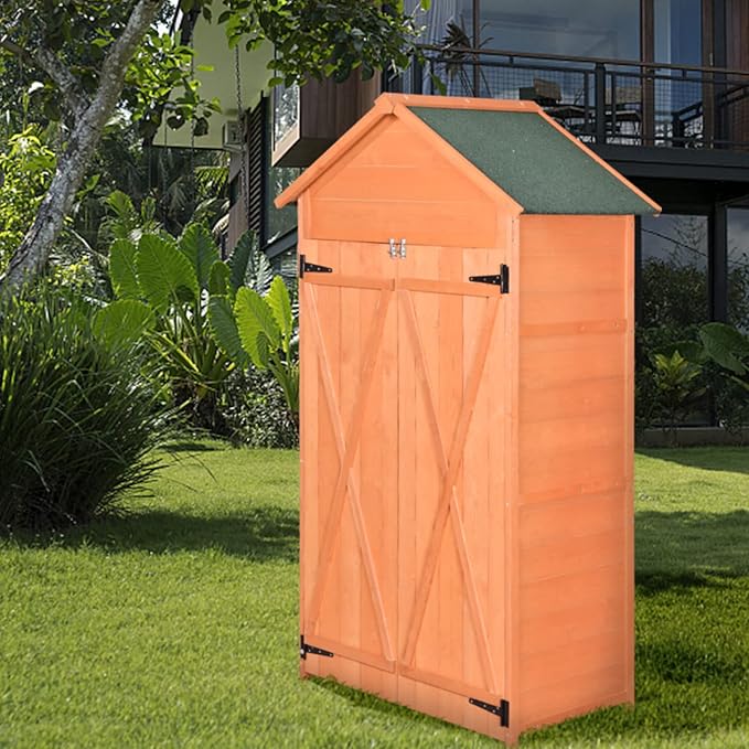 Wooden Tool Shed Large Outdoor Storage Cabinet & Garden Storage Shed with Lockable Doors, Heavy Duty Waterproof Construction for Backyard, Patio, Garage, Lawn Organizer