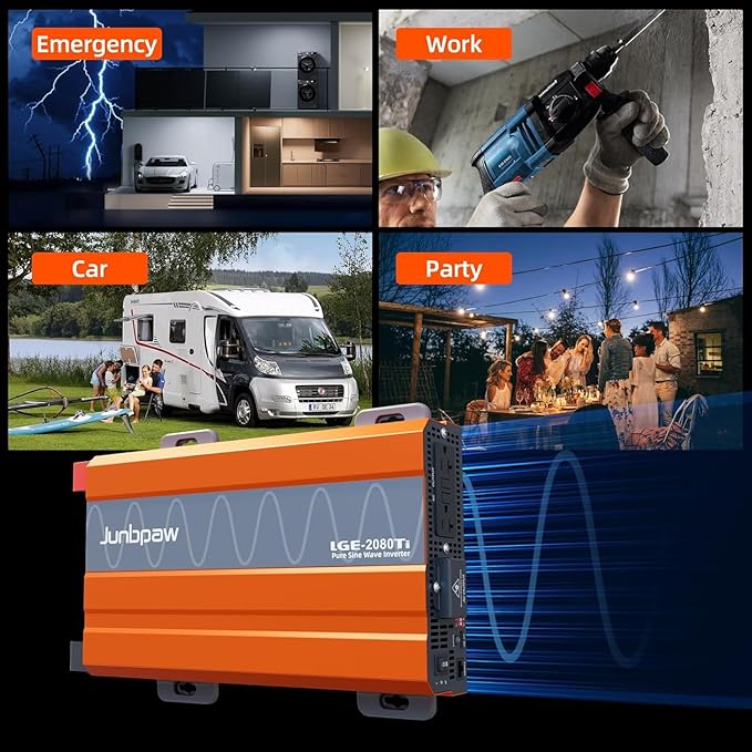 2080W Pure Sine Wave Inverter, 12V DC to 110V/120V AC, 6000W Peak, 5V/2.1A USB, Quiet Fan, Capacitor, Off-Grid Solar Power for RV, Camping, Emergency, Truck (LGE-2080Ti)