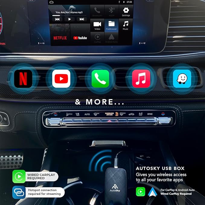AutoSky Wireless CarPlay and Android Auto AI Box Lite for Factory Wired CarPlay Cars - Supports Netflix and YouTube Must use Hotspot - Go Wireless CarPlay and Android Auto. Wired CarPlay Required