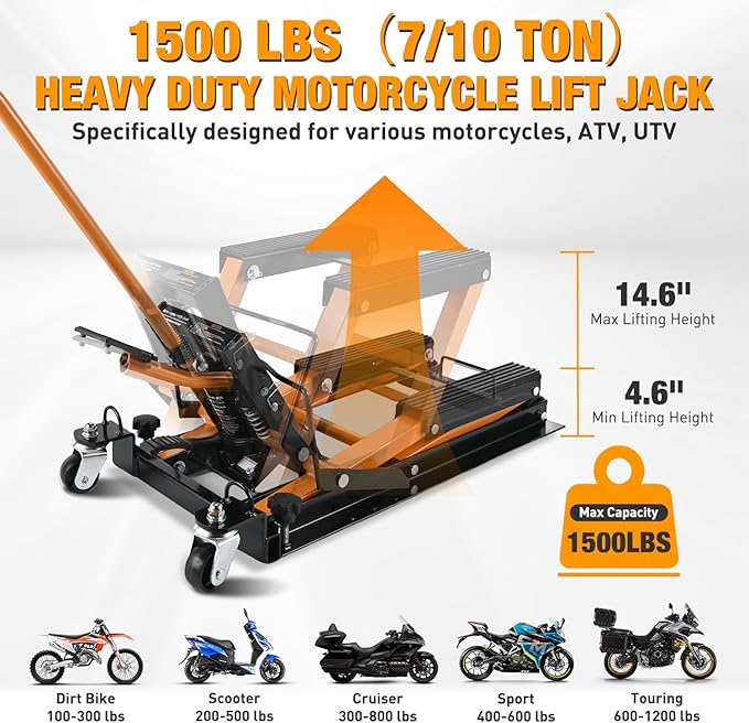 Nilight Motorcycle Lift Jack 1500 LBS Hydraulic Lifts ATV Scissor Jacks with Wheel Foot Pedal Handle Ratchet Belt Heavy Duty Lifter Stand Hoist Table for Dirt Bike Garage Storage Repair Tool,Orange