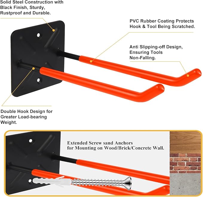 Steel Garage Storage Hooks Wall Tool Organizer, 14 Inch Garage Hook Heavy Duty Utility Storage Hangers Orange for Ladders, Chairs, Garden Tools, Set of 4