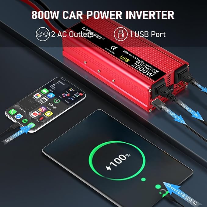 Car Vehicle Power Inverter 800W/2000W(Peak)DC-AC 12V-110V Converter Power Supply