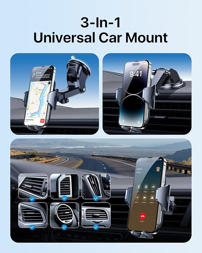andobil Car Phone Mount [Ultra Stable & Big Phones Friendly] Cell Phone Holders for Your Car Dashboard Windshield Vent Truck, Car Phone Holder Mount for iPhone 16 15 14 13 12 Pro Max Samsung S24 S23