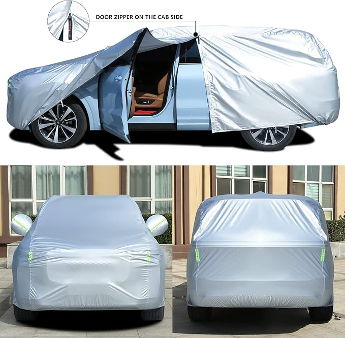 Tecoom Light Shell Breathable Material Classic Zipper Design Waterproof UV-Proof Windproof Car Cover with Storage and Lock for All Weather Indoor Outdoor Fit 191-205 Inches SUV