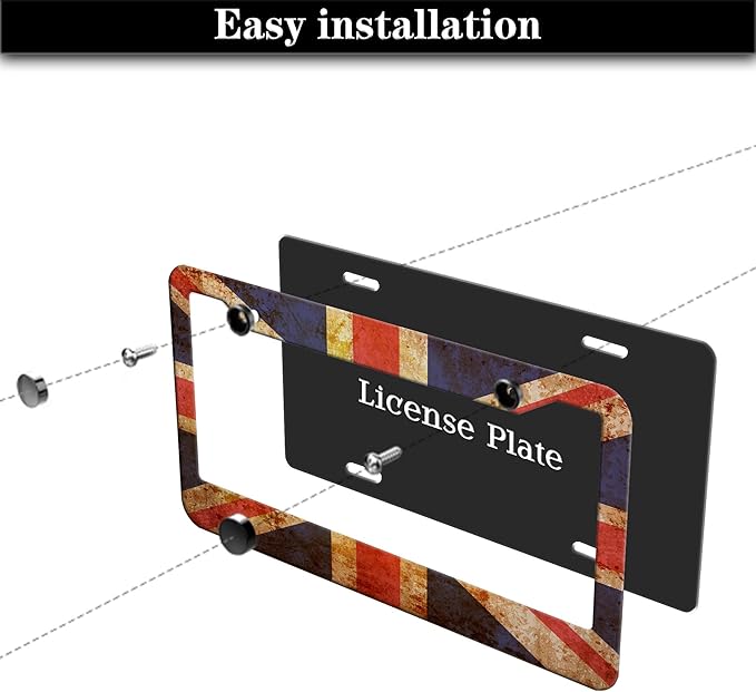 License Plate Frame Multicolor License Plate Protector Great Britain Vintage Old Flag Aluminum Metal Car Accessory 2 Pack with Screw Covers Set