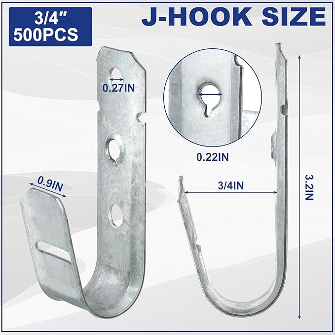 Gisafai 500 Pcs Cable Support J-Hook, 3/4 Inch Metal Garage Hooks for Hanging, Heavy Duty Network for Cable and Wire Management Wall Attaching J Utility, G60 Galvanized Steel, Silver