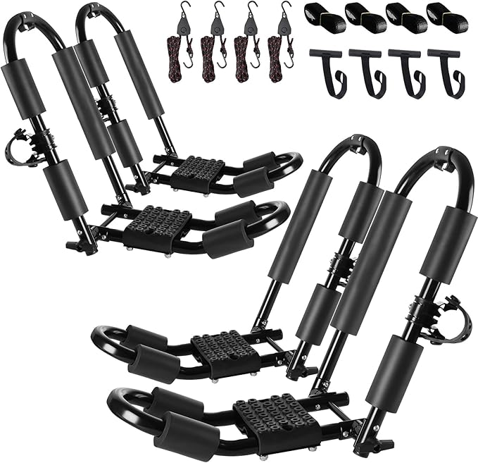 FORWODE Premium Kayak Roof Rack, 2 Pair J-Bar Roof Rack, Folding Adjustable Rack, Heavy Duty Kayak Roof Carrier 2 Kayak, Canoe, SUV, Surfboard on SUV, Car and Truck Crossbar (4 pcs)