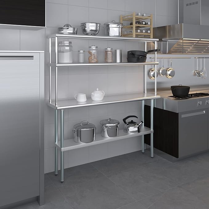 Amgood Stainless Steel Work Table Wide Double Tier Overshelf | NSF | Metal Kitchen Prep Table & Shelving Combo (14" x 60" Work Table + 12" Overshelf)