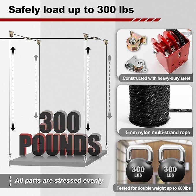Overhead Garage Storage Lift - Heavy Duty Ceiling Mounted Garage Storage Lift System for Organization - 300lbs Weight, Supports 8-16ft Ceilings, Compatible Bronco, Weight, Wrangler (Deck Not Includ)
