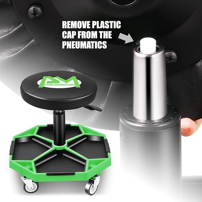 PM PERFORMOTOR Adjustable Height Pneumatic Garage Seat Rolling Mechanic Stool with Tool Tray Storage,300lbs Max Weight Capacity, Green,PM-TOL-ATS-GR