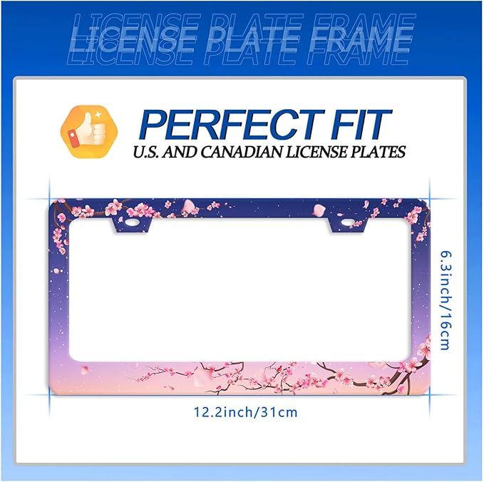 Cherry Blossom License Plate Frame Pink Flowers Floral License Plate Stainless Steel Funny License Plate Holder Women Car Accessories Decoration with Screws Fits Standard Vehicles Size 12.3" x 6.3"
