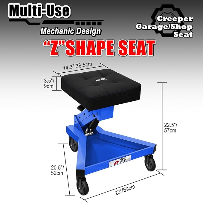 Mechanic Stool with Wheels, Hydraulic Adjustable Shop Stool on Wheels, Garage Work Rolling Chair for Workshop, 400 LBS Capacity, 4 Inch Casters, 360° Swivel Casters Roller Chair, Blue