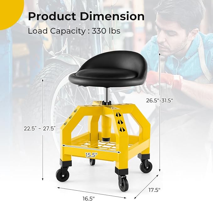 S AFSTAR Shop Stool with Wheels, Height Adjustable Garage Stool with 4 Universal Wheels & Tool Tray, 330 LBS Capacity, Heavy Duty Creeper Chair Seat Rolling Mechanic Stool for Garage Workshop (Yellow)