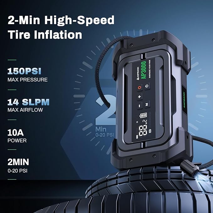 Jump Starter with Air Compressor, 3000A Portable Car Jump Starter with 150PSI Digital Tire Inflator, 12V Car Battery Booster Pack with LED Lighting, LCD Display