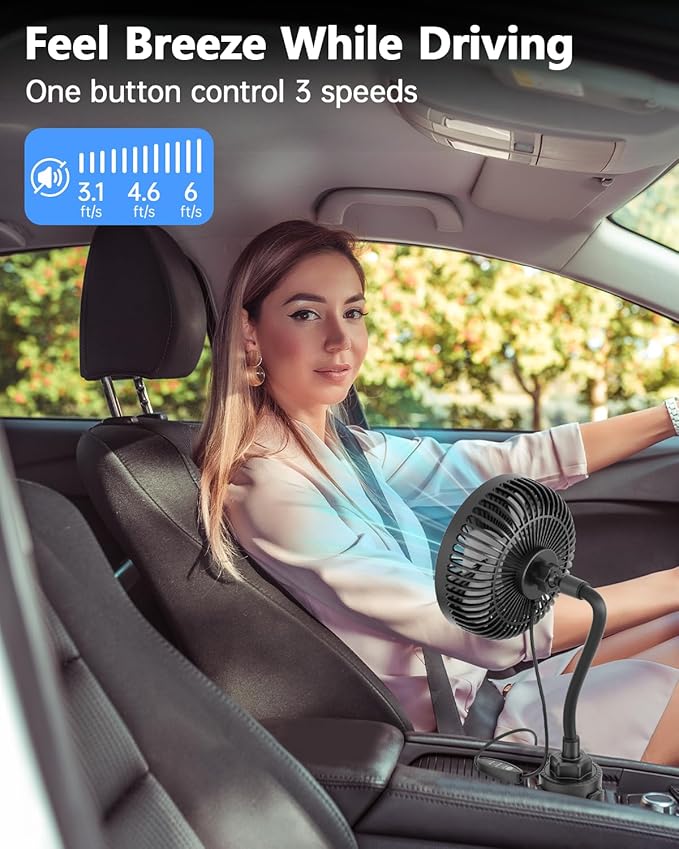 12V Car fan, 3-Speed Portable Vehicle Fan for Front Seat, Cigarette Lighter Powered with Car Charger, Mounted in Cup Holder, 360° Rotation, Car Necessities for Dog/SUV/RV/Truck/Van