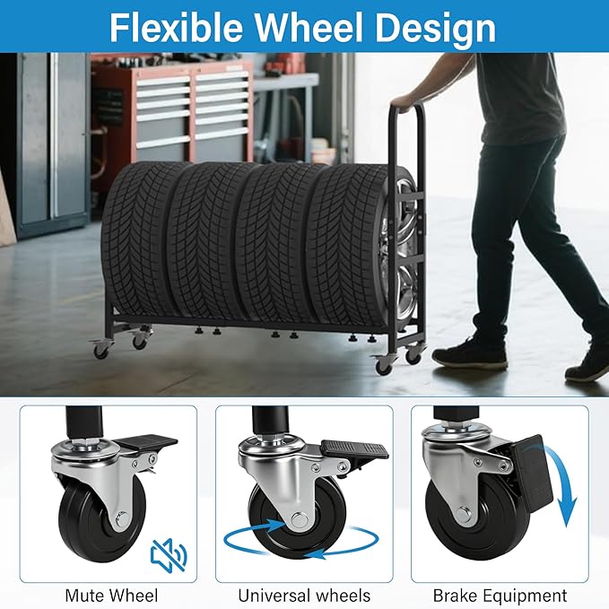 Rolling Tire Rack 43.5" x 13" x 37.4", 2 in 1 Metal Garage Tire Storage Rack w/4 Swivel Casters with Brake for Garage Storage