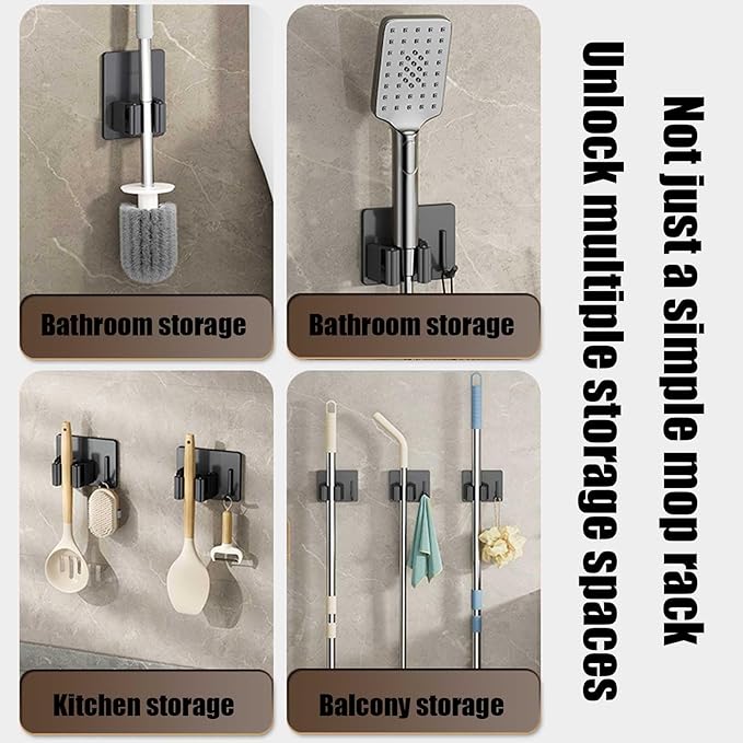 Stainless Steel Mop and Broom with Hook, Heavy Duty Rust Resistant Self Adhesive Mop and Broom Holder Wall Mount for Bathroom, Kitchen, Office, Garden, Garage, With 3M VHB Sticky Pads