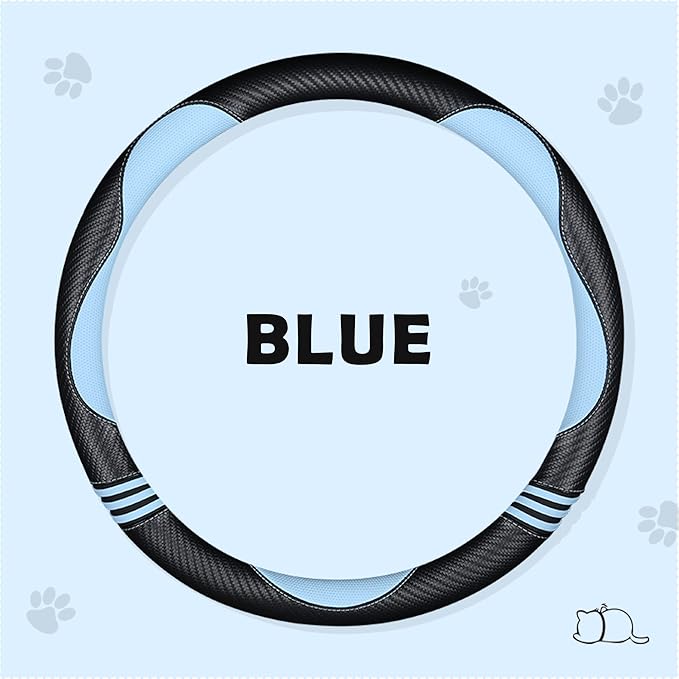 Car Steering Wheel Covers for Women Girl Padded Carbon Fiber PU Leather Cute Cartoon Auto Interior Accessories for Jeep, Truck, Universal, Anti Slip, Blue, Large Size 15.5-16"(39-41cm)