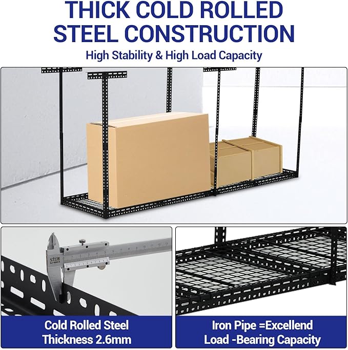 Overhead Garage Storage Rack, Heavy Duty Ceiling Storage Racks for Garage, Adjustable Height, 660LBS Weight Loading,2x8 FT Hanging Organizer Shelving for Warehouse Basement, Black