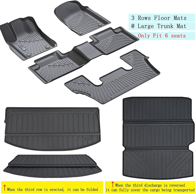 Floor Mats & Large Trunk Mat for 2016-2023 2024 Dodge Durango（Only Fit 6 Seats）-2nd Row Bucket Seat,TPE All Weather Protection 3 Rows Car Floor Liners with Large Cargo Liners