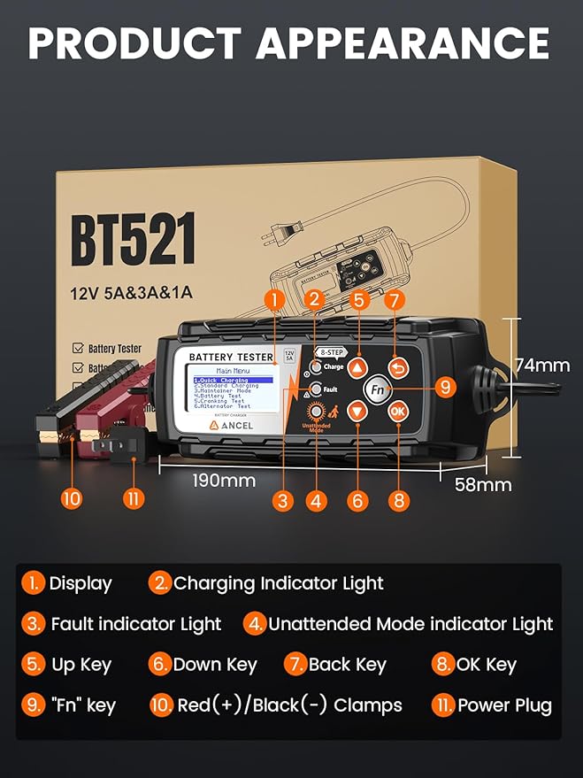 ANCEL BT521 3-in-1 Car Battery Charger, Tester and Maintainer for 12V Lead-Acid Batteries, 5A Smart Trickle Charger and Desulfator with Overcharge Protection & Temperature Compensation, LCD Display