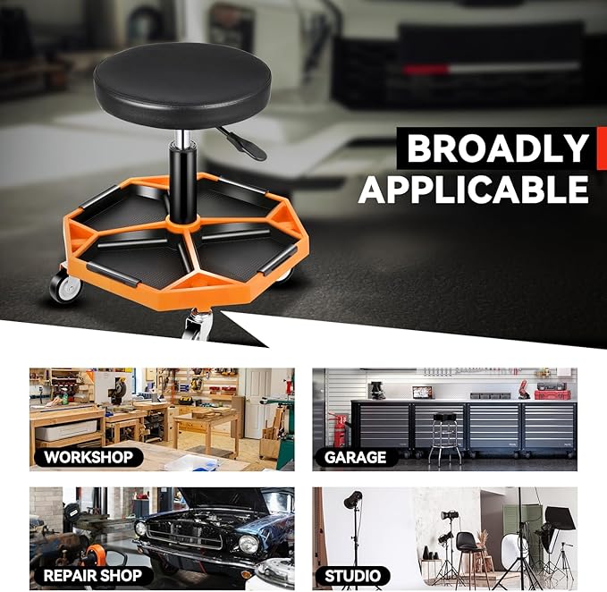 Auto Dynasty Mechanic Stool, Adjustable Rolling Pneumatic Creeper Garage Shop Seat with Tool Tray, 300 LBS Roller Seat for Workshop Auto Repair, Adjustable Height 15.7" to 21", Orange