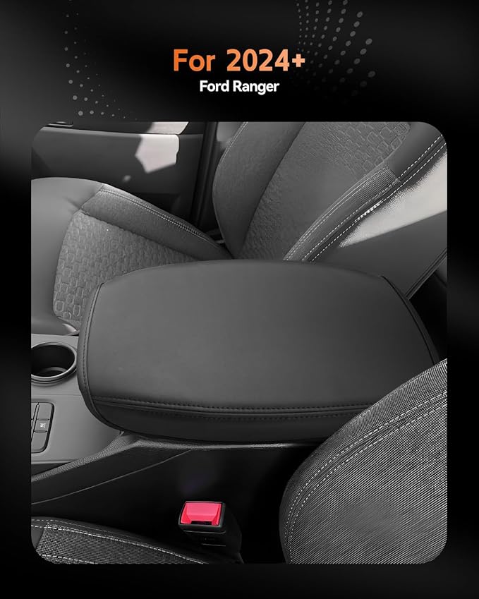 CDEFG for Ford Ranger 2024-2025 Center Console Cover Armrest Box Cover for Ranger (XL, XLT, Lariat, Raptor) 2024 2025 Accessories Console Arm Rest Protector Thin Black Leather