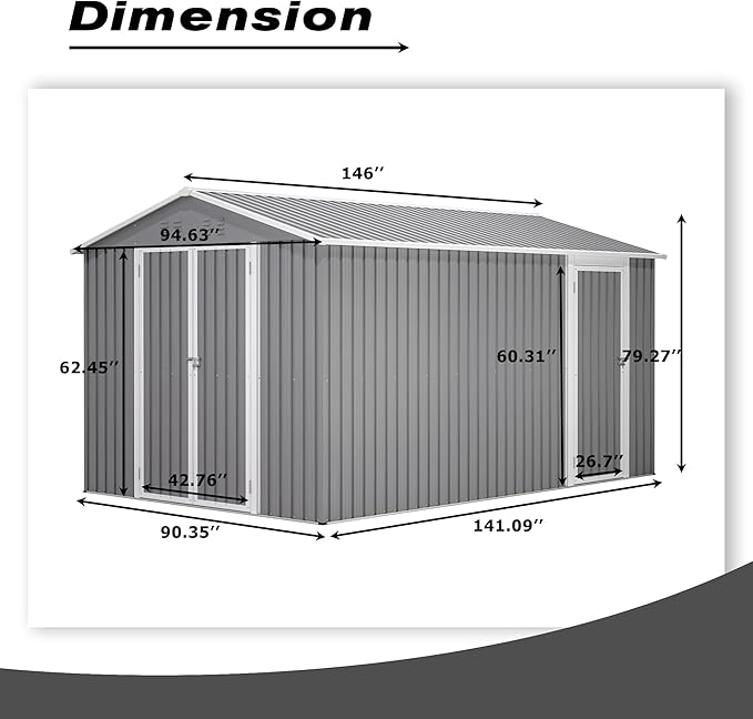 8×12 Ft Outdoor Storage Shed with Double Doors, Metal Shed with Frame Floor and Lockable Doors for Patio, Garden and Backyard