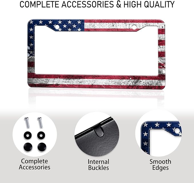 Vintage American Flag License Plate Frame, Retro USA Flag License Plate Holder Covers, Metal Aluminum Rustproof License Plate Frame Car Accessories for Women Men 2 Holes with Screw Caps
