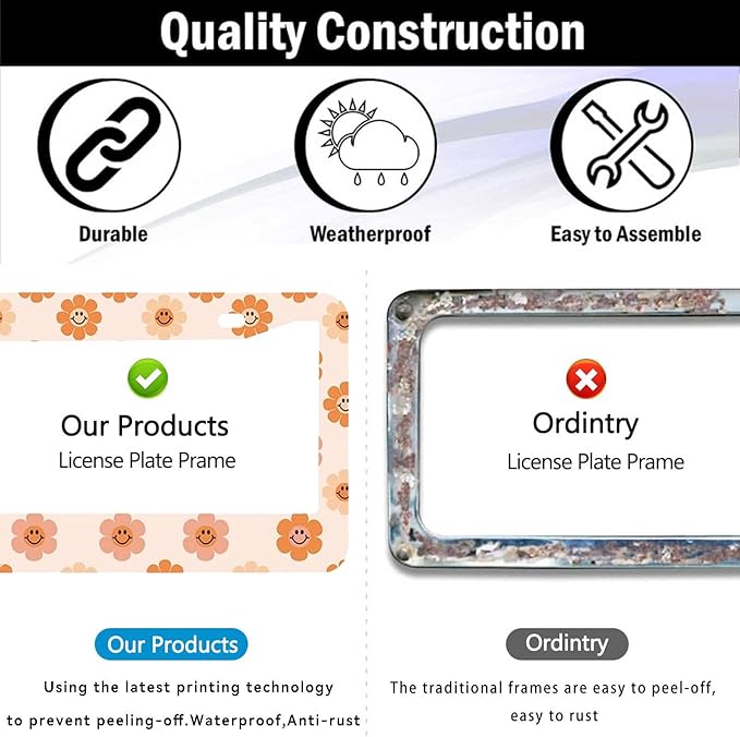 2 Pack Universal Smiley Face Flower License Plate Frame-Rustproof Aluminum Floral License Plate Frames for Women Men Fits All Vehicles, with Anti-Theft Screw Caps Included