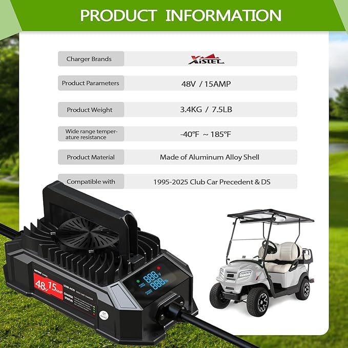 Xislet 15 AMP 48 Volt Golf Cart Battery Charger Compatible with 1995-2025 Club Car Precedent & DS, Round Plug Cable, Lightweight, Waterproof, LED Screen Display, for Lead Acid Battery - Black