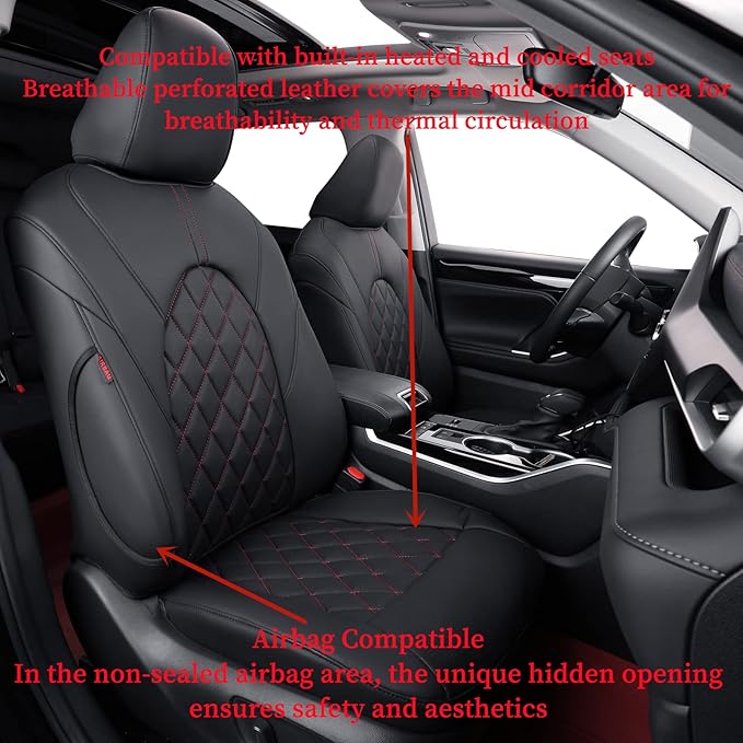 coverdream Camry Seat Covers Custom Fit for 2012-2017 Toyota Camry L, LE,XLE,Full Coverage Waterproof Leatherette Car Seat Protector (Full Set,Black/Red)