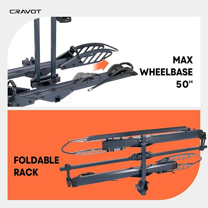 CyberRack E2 Hitch 2 E-Bike Rack with Ramp,200 lbs Capacity Electric Bike Carrier Foldable Platform Mount, Up to 5-inch Fat Tire Bicycle for 2'' Receiver Cars Trucks SUVs Minivans RV, Trailer