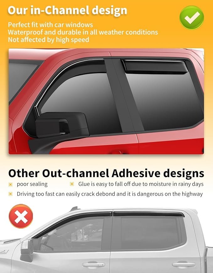 in-Channel Window Rain Guards Compatible with Truck Chevy Silverado/GMC Sierra 1500 2019-2025 Crew Cab Vent Visors Window Visors Extra Durable Window Deflectors Vent Shades Car Accessories