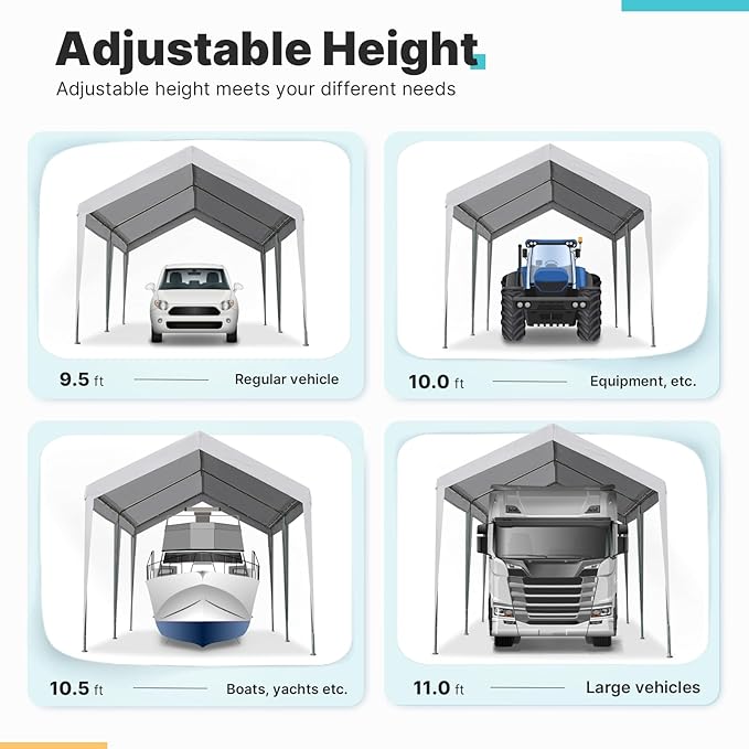ADVANCE OUTDOOR Adjustable 10x20 ft Heavy Duty Carport Car Canopy Garage Boat Shelter Party Tent, Adjustable Height from 9.5 ft to 11 ft, Gray