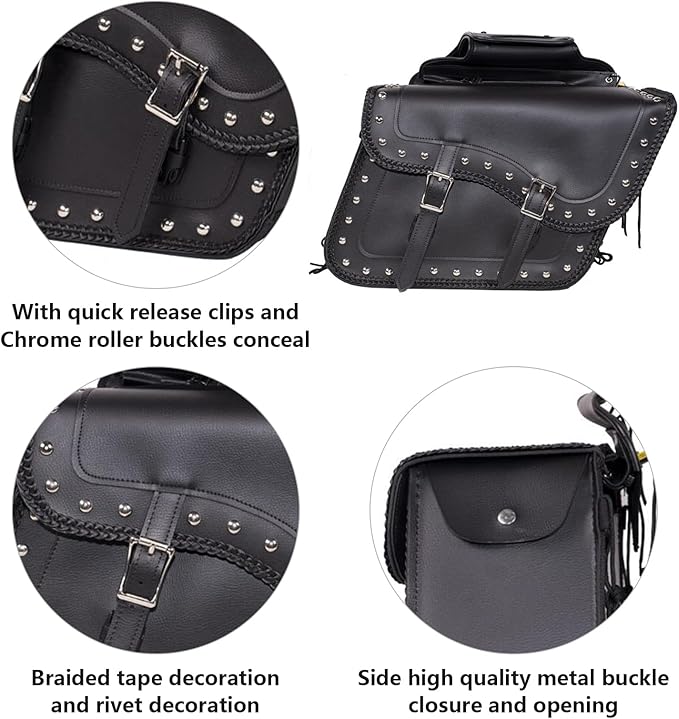 GARGOYLE BELLS Motorcycle Saddle Bags Synthetic Leather Motorcycle Luggage Bag Waterproof Throw Over Saddlebags For Softails Sportsters Choppers Dyna V-star Shadow (With Studs, Black, 16"x13"x11.5")