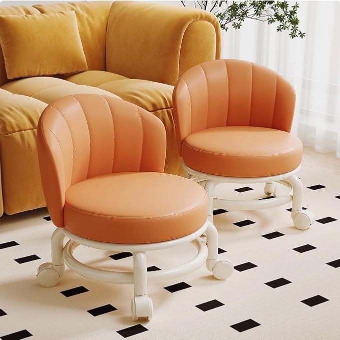 Low Rolling Stool with Backrest,Rolling Pedicure Seat,Low Stool with Wheels for Home, Office, Garage, Shop, Library (Orange)