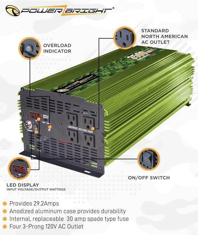 3500 Watt Power Inverter, Easy to Install DC 24V to 120V AC Car Inverter w/Four AC Outlets, LCD Digital Display & Wireless Remote Control - CE Approved