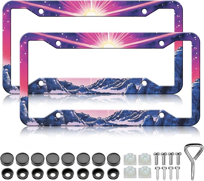 Sunset Mountain Anime License Plate Frames - 2 Pack Magic Colorful Stainless Steel License Plate Holder,Rust-Proof Waterproof Car Decorative Tag Frame with Screws Fasteners Caps
