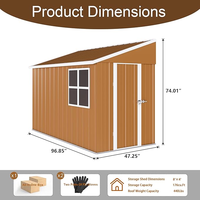 8 x 4 FT Outdoor Lean to Storage Shed, Metal Garden Tool Shed with Slooping Roof, Lockable Doors and Windows, All-Weather Weatherproof Blike shed for Garden, Patio, Lawn, Yellow