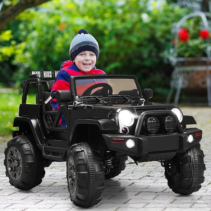 Costzon Ride On Car, 12V Battery Powered Electric Ride On Truck w/Parental Remote Control, LED Lights, Double Open Doors, Safety Belt, Music, MP3, Spring Suspension (Deluxe Black)