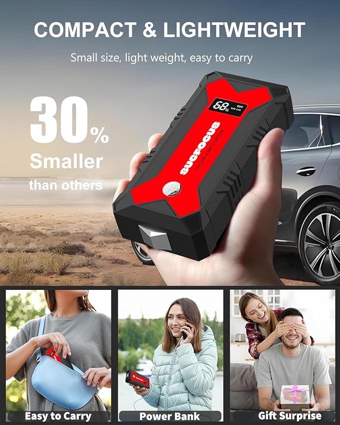 Car Battery Jump Starter, 2500A Battery Jumper Starter Portable (for 8.0L Gas or 7L Diesel Engine), Jump Box, Jump Start Battery Pack with Jumper Cables, LED Light, USB QC3.0 (Red)